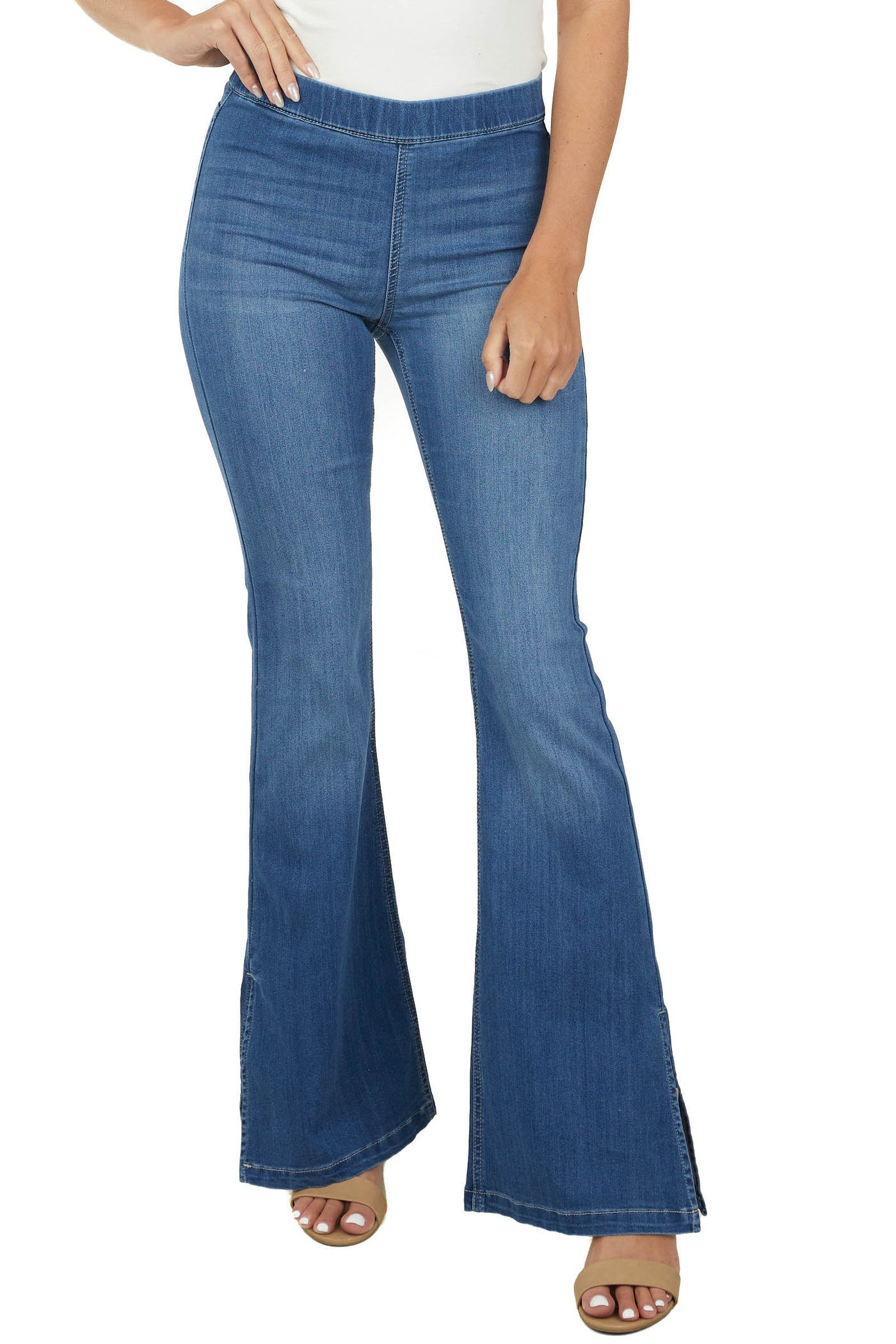 Medium Wash Slit Flare Hem Pull On Jeggings