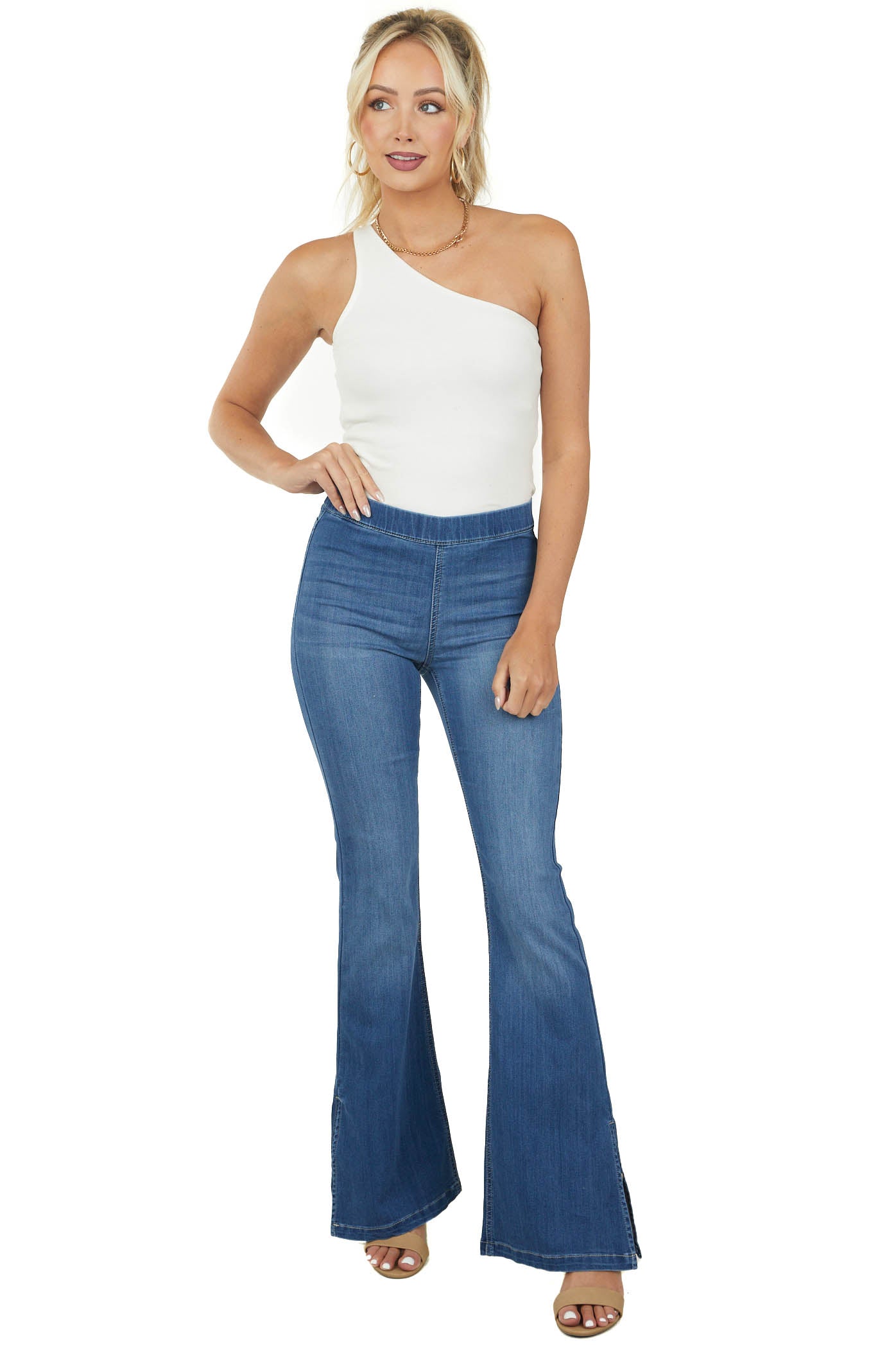 Medium Wash Slit Flare Hem Pull On Jeggings