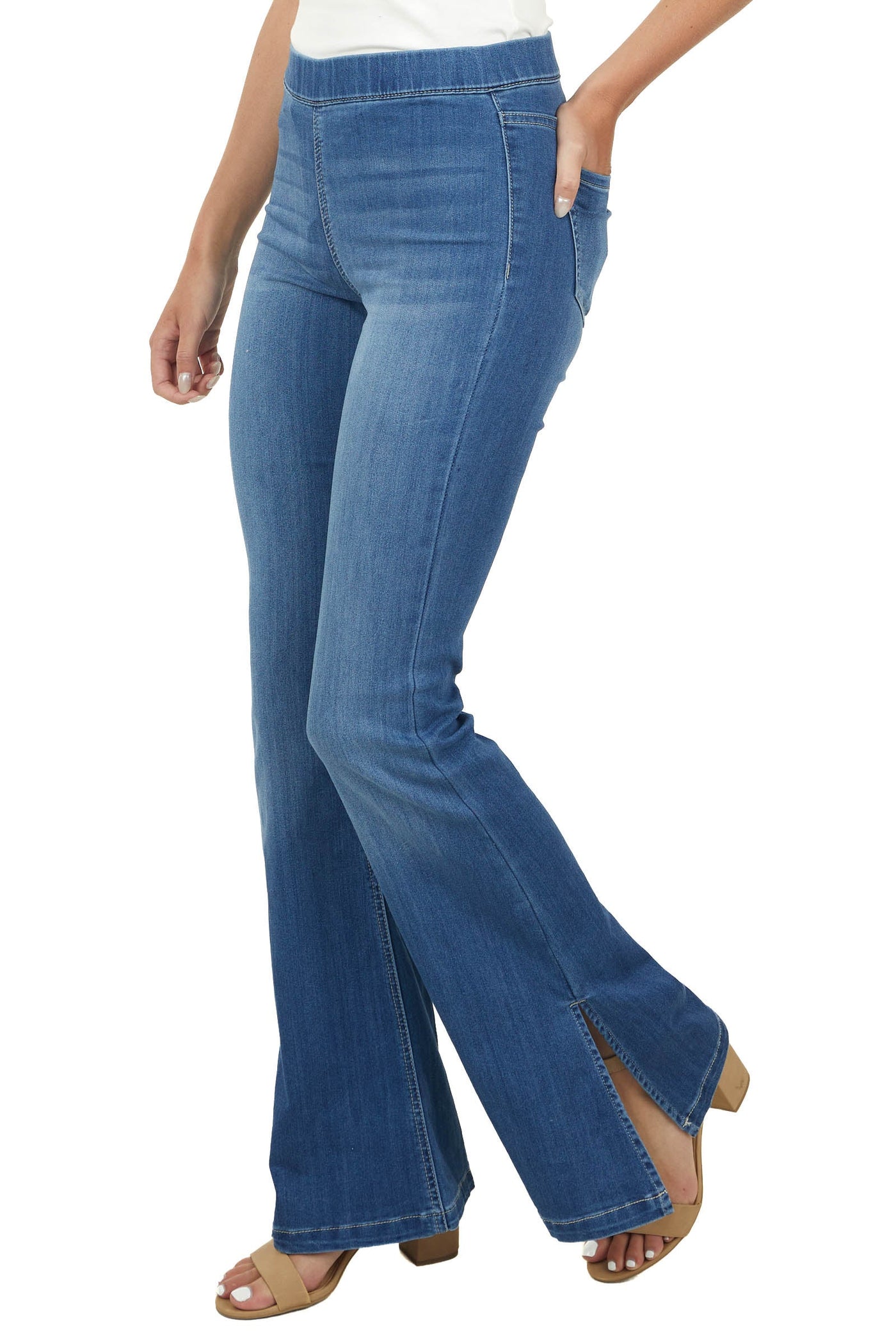 Medium Wash Slit Flare Hem Pull On Jeggings