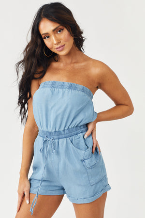 Medium Wash Strapless Waist Tie Chambray Romper
