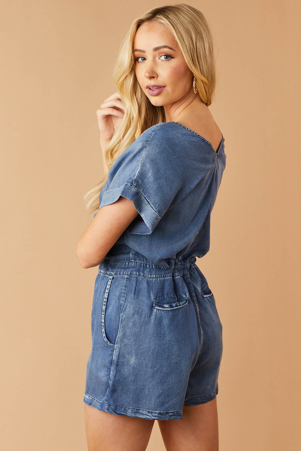Medium Wash V Neck Tie Waist Chambray Romper