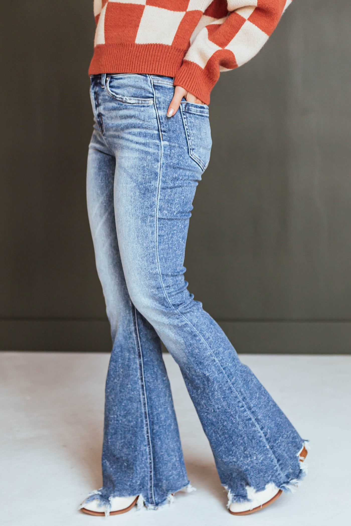 Medium Washed High Rise Frayed Hem Flare Jeans