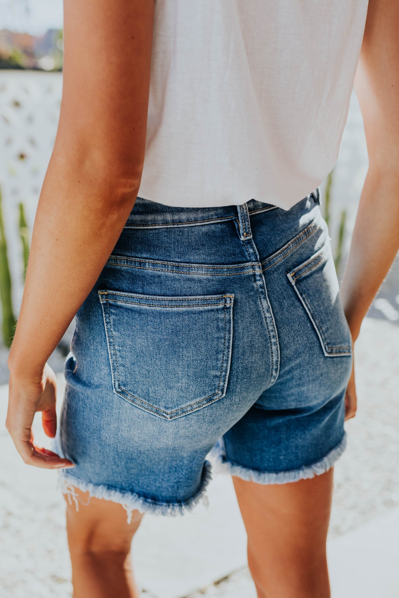 Medium Wash Frayed Hem Bermuda Denim Shorts