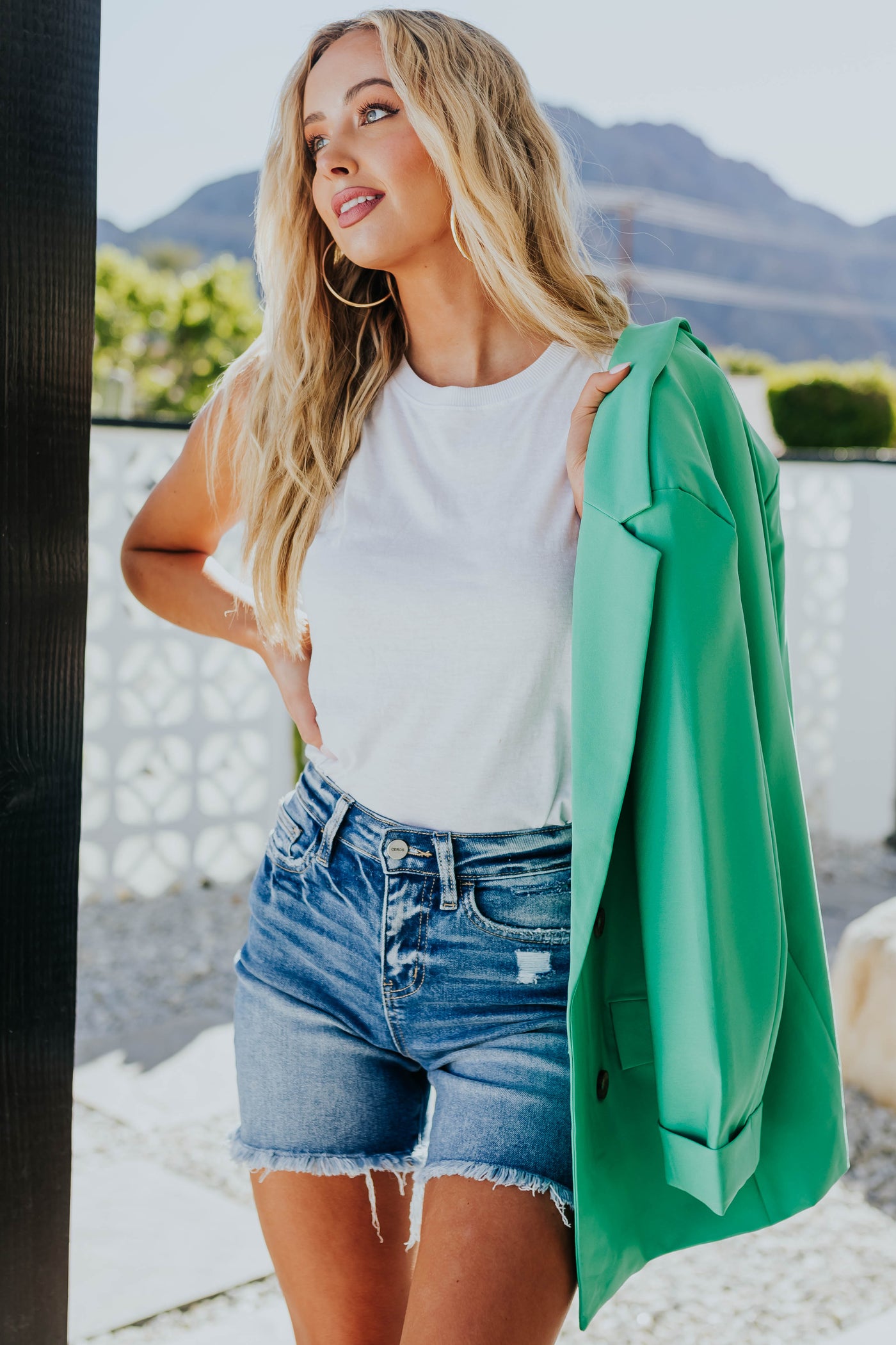 Medium Wash Frayed Hem Bermuda Denim Shorts