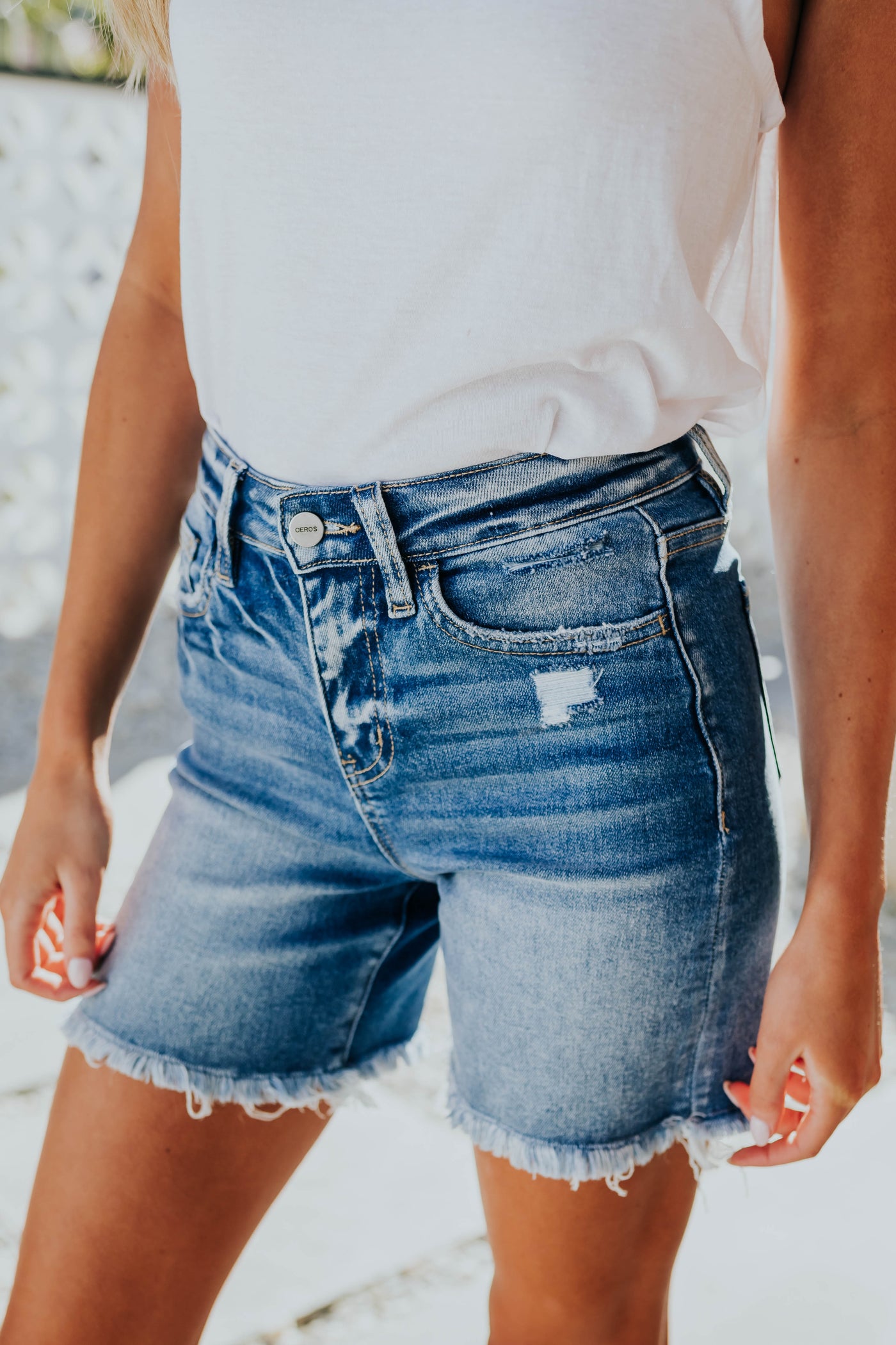 Medium Wash Frayed Hem Bermuda Denim Shorts