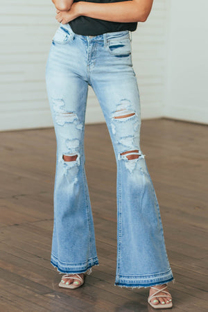 Medium Wash High Rise Flare Distressed Jeans