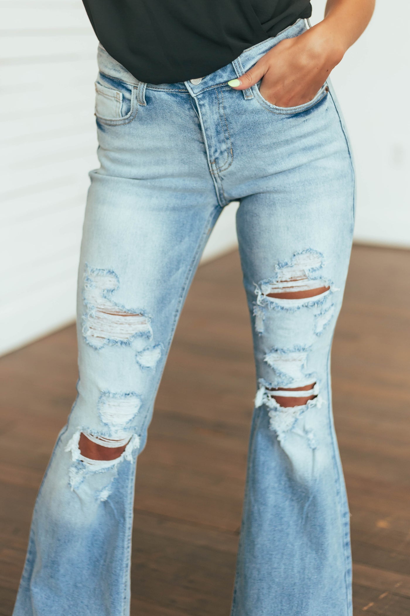 Medium Wash High Rise Flare Distressed Jeans