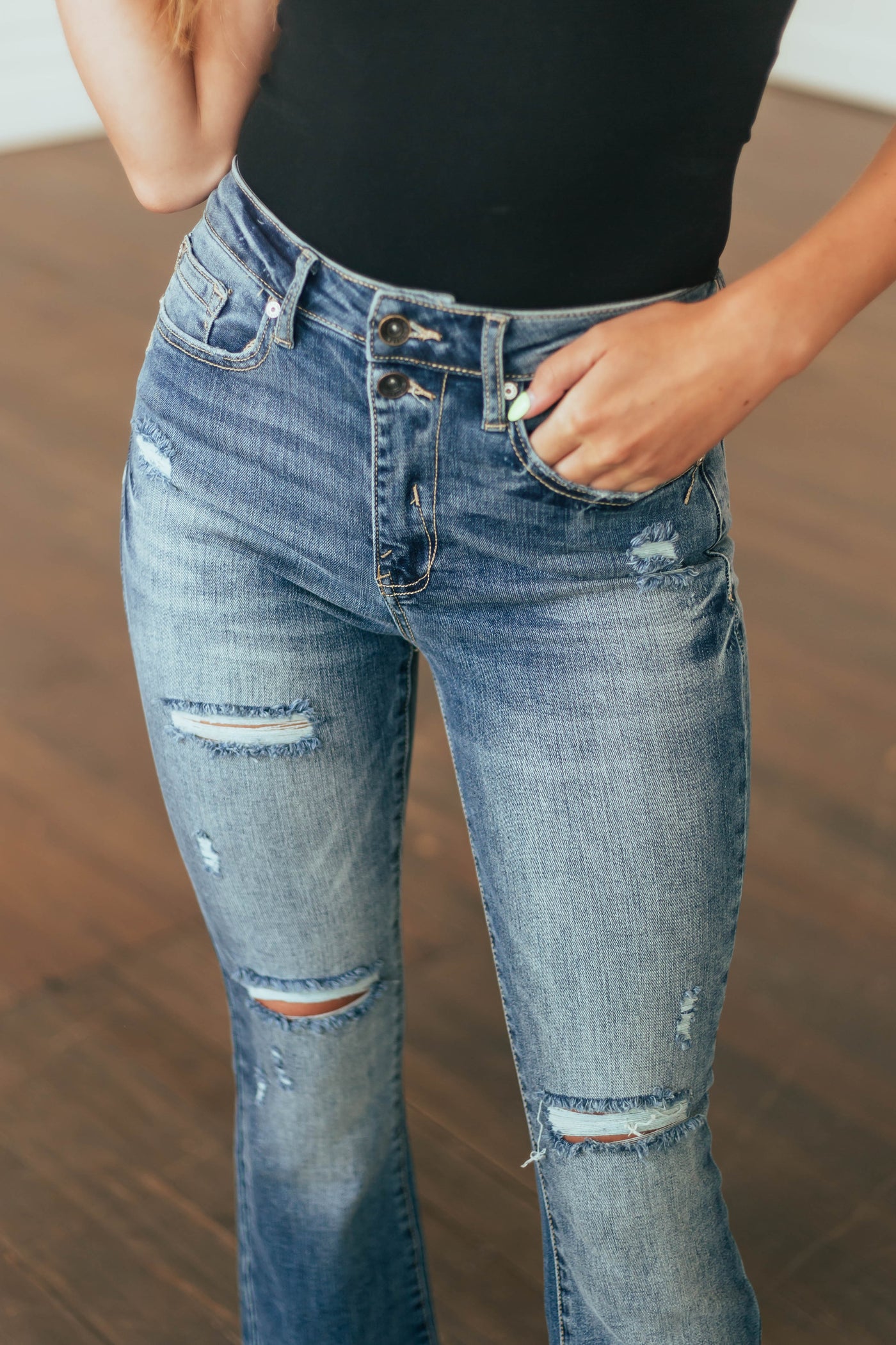 Medium Wash High Rise Raw Cut Hem Flare Jeans