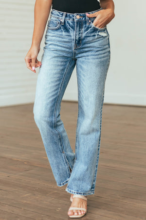 Medium Wash Straight Fit Jeans with Side Slits