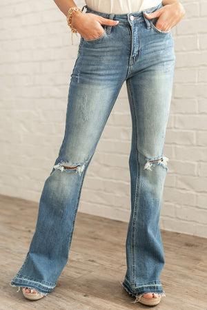 Medium Wash High Rise Distressed Flare Jeans 