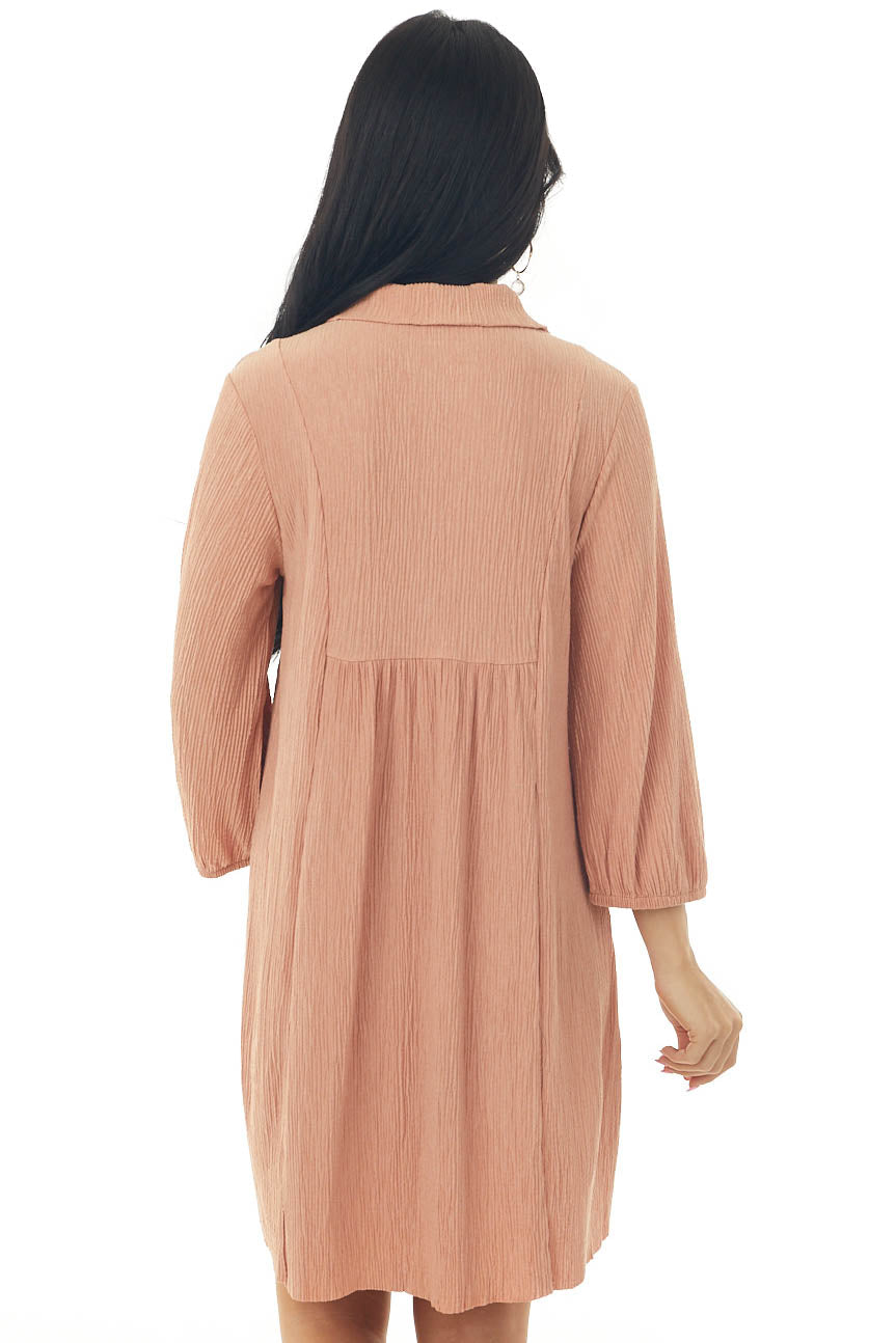 Melon Collared V Neck Pleated Short Woven Dress