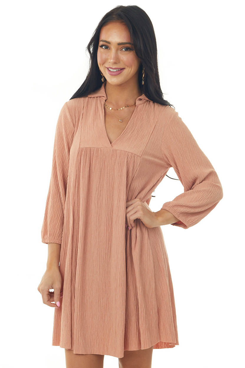 Melon Collared V Neck Pleated Short Woven Dress