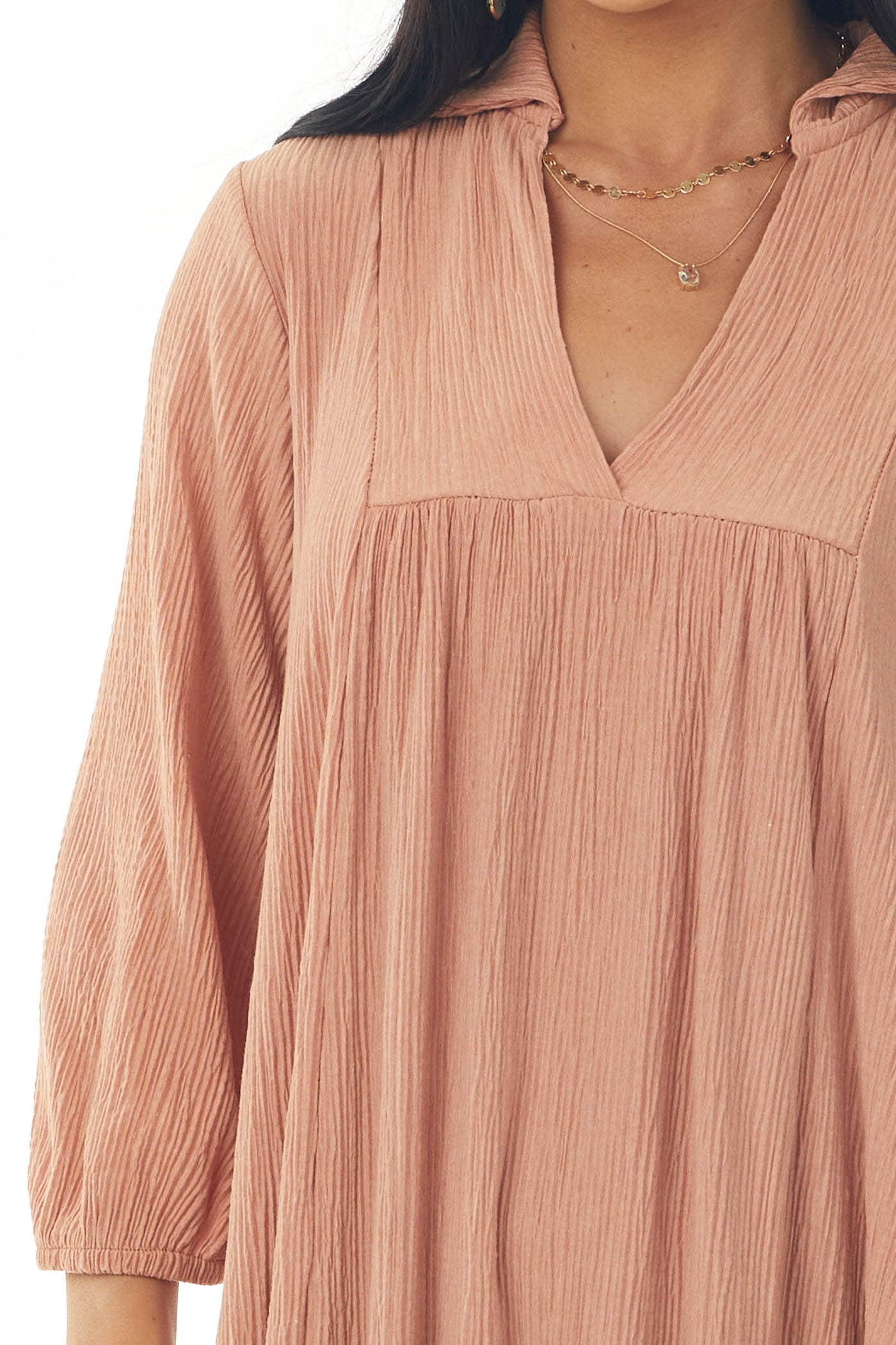 Melon Collared V Neck Pleated Short Woven Dress