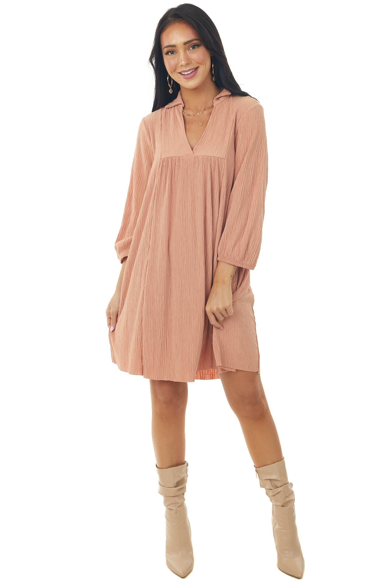 Melon Collared V Neck Pleated Short Woven Dress