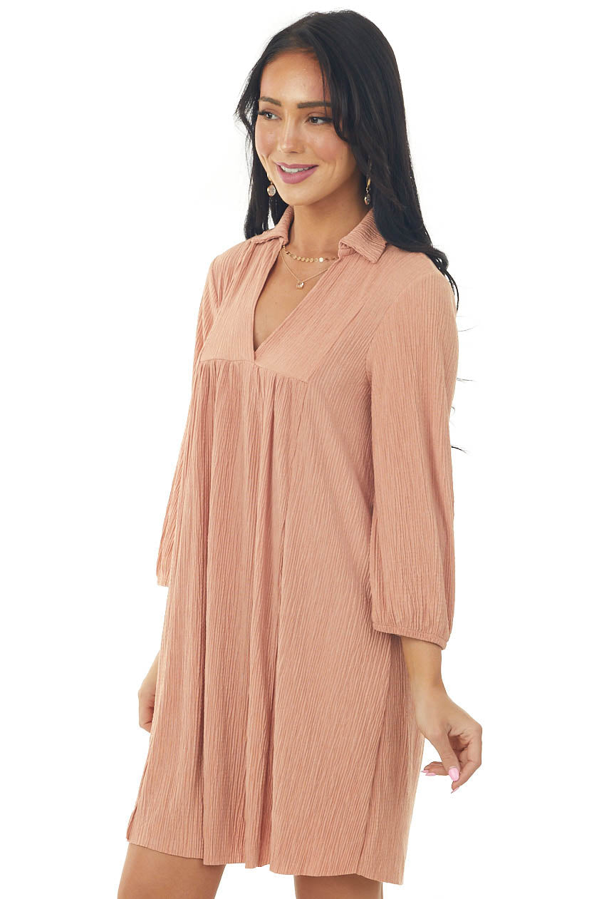 Melon Collared V Neck Pleated Short Woven Dress