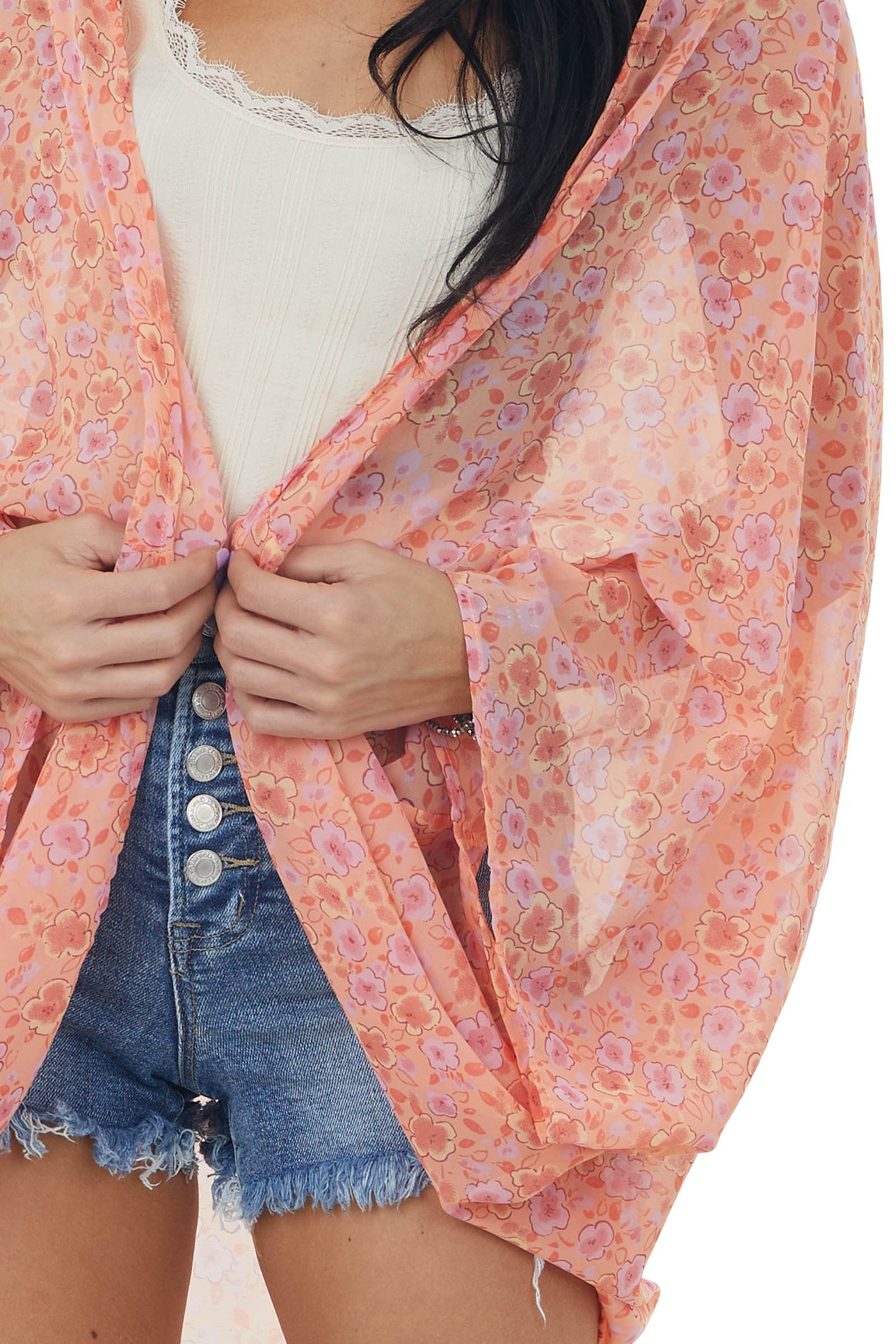 Melon Floral Print Lightweight Open Kimono