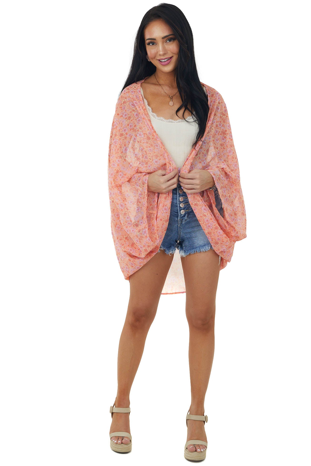 Melon Floral Print Lightweight Open Kimono