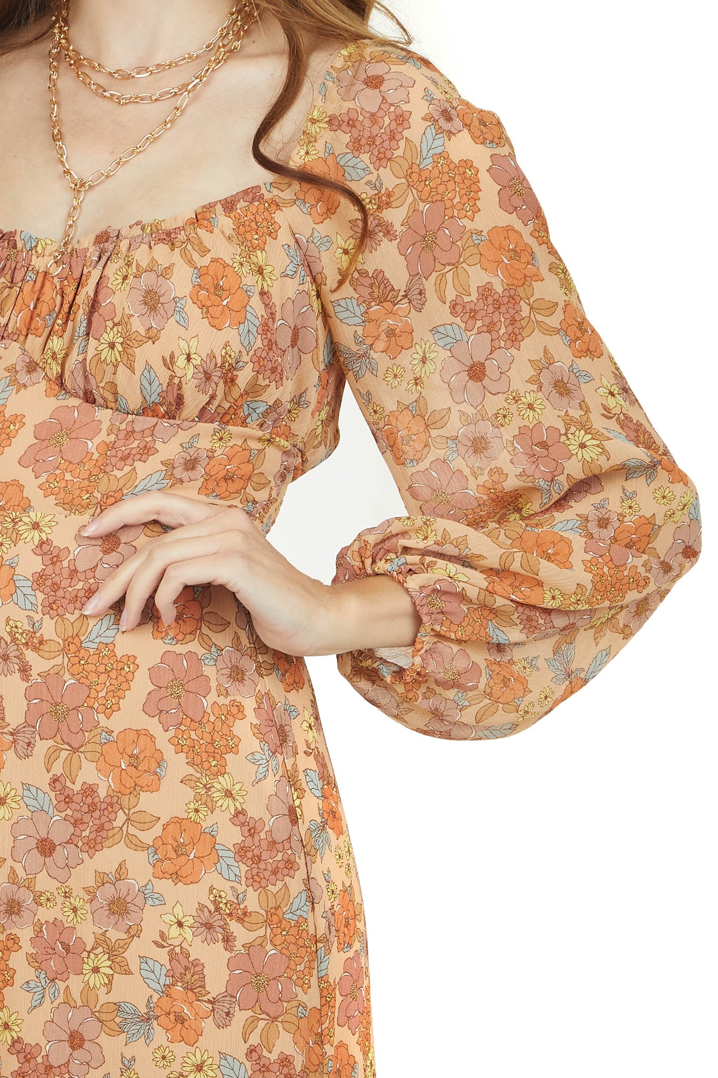 Melon Floral Print Long Sleeve Woven Maxi Dress