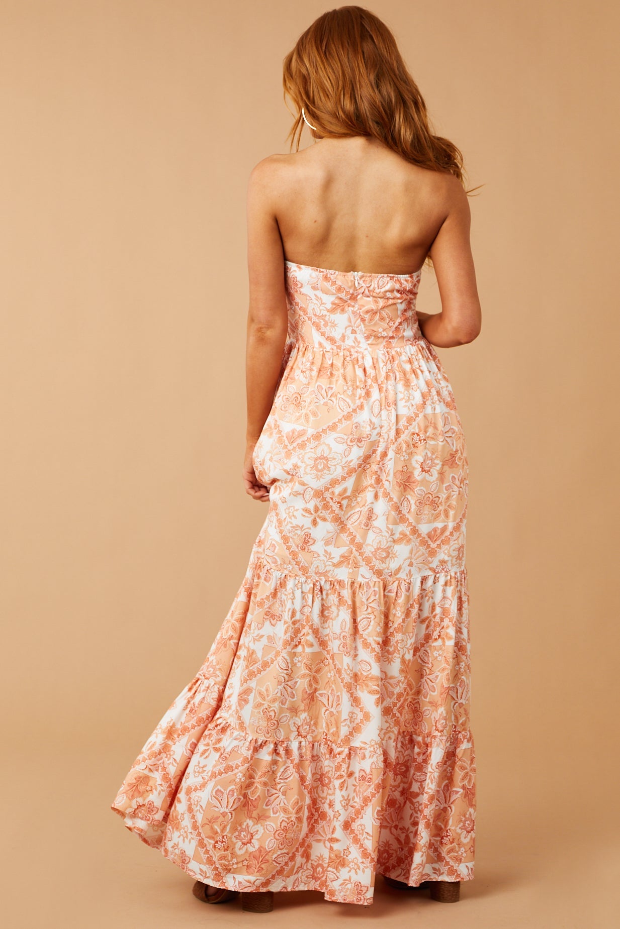 Melon Floral Print Strapless Cut Out Maxi Dress