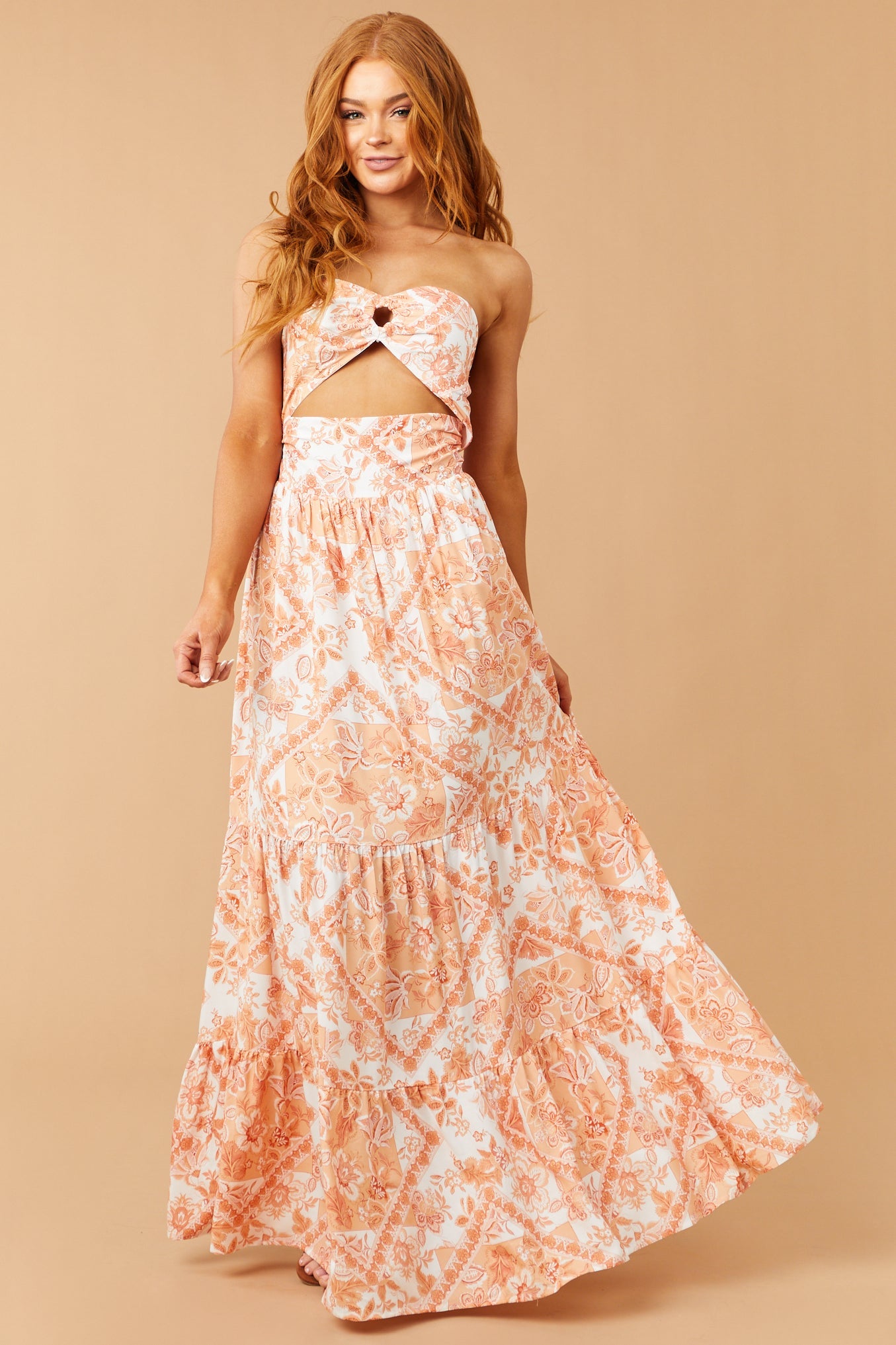Melon Floral Print Strapless Cut Out Maxi Dress