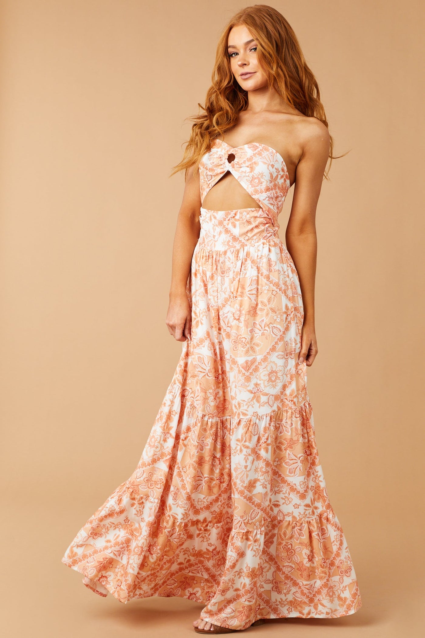 Melon Floral Print Strapless Cut Out Maxi Dress