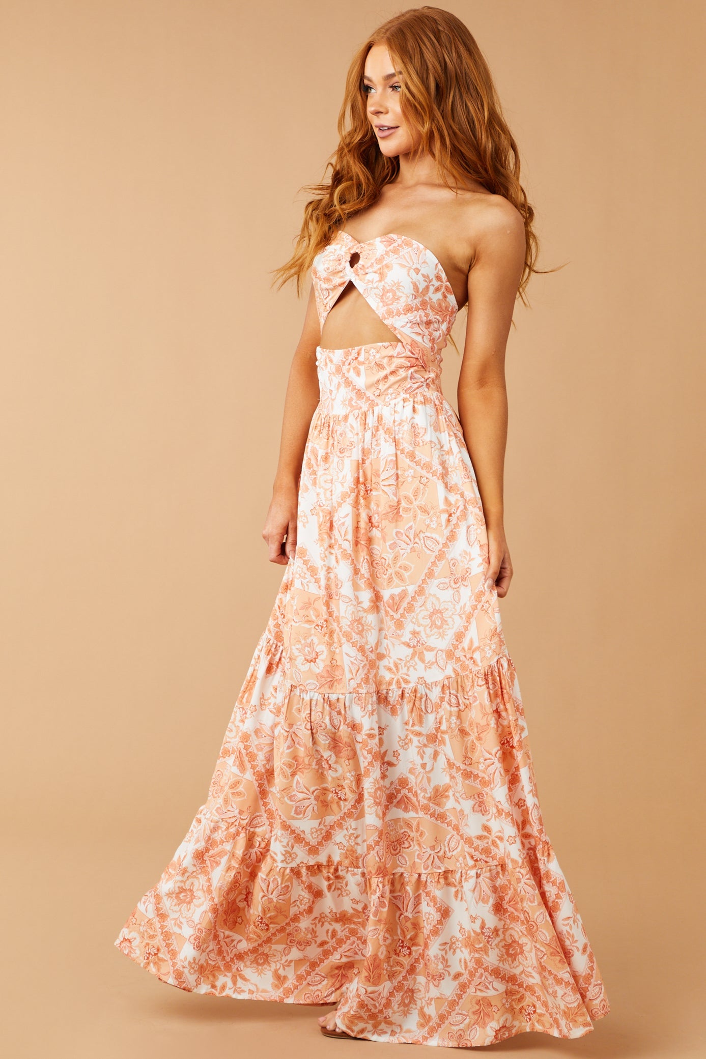 Melon Floral Print Strapless Cut Out Maxi Dress
