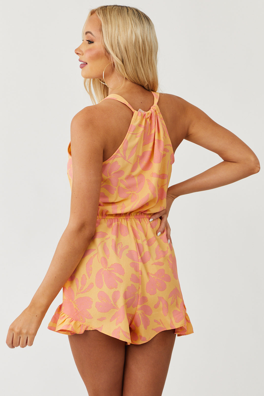 Melon Floral Sleeveless Surplice Woven Romper
