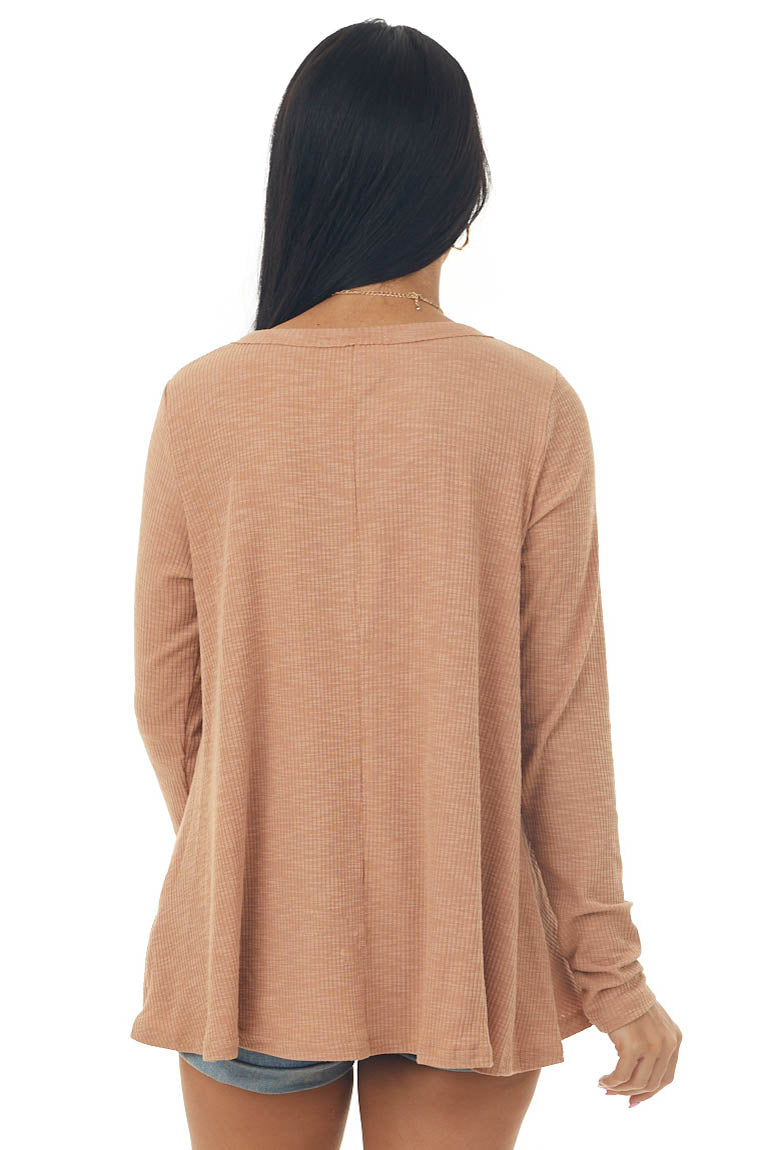 Melon Long Sleeve Ribbed V Neck Knit Top