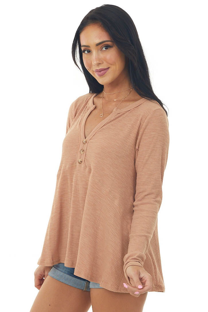 Melon Long Sleeve Ribbed V Neck Knit Top