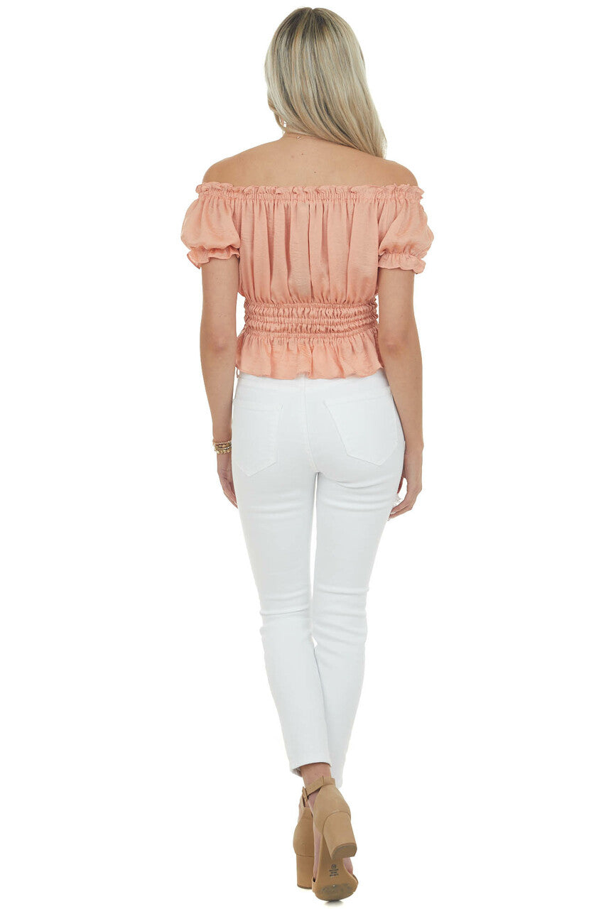 Melon Off the Shoulder Short Bubble Sleeve Woven Top