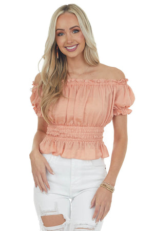 Melon Off the Shoulder Short Bubble Sleeve Woven Top