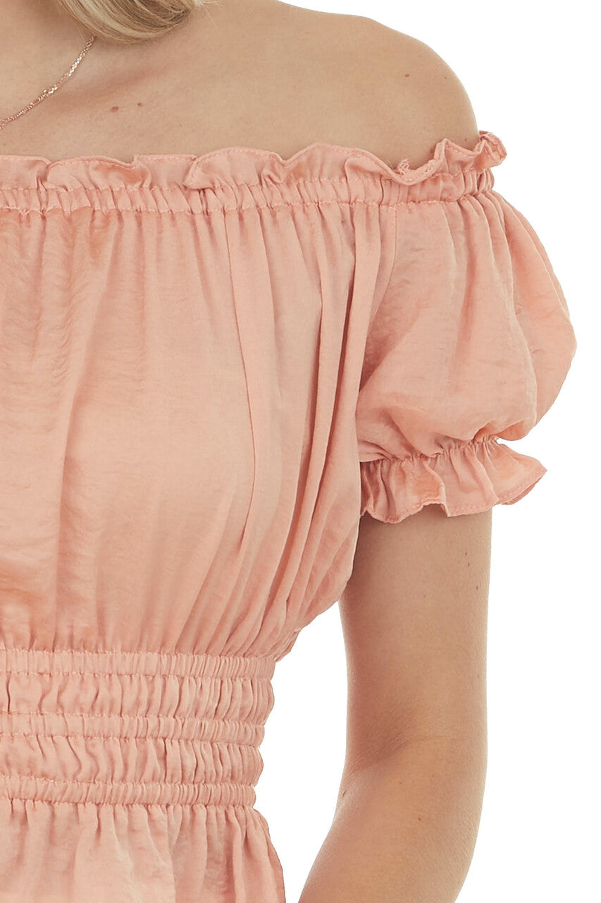 Melon Off the Shoulder Short Bubble Sleeve Woven Top