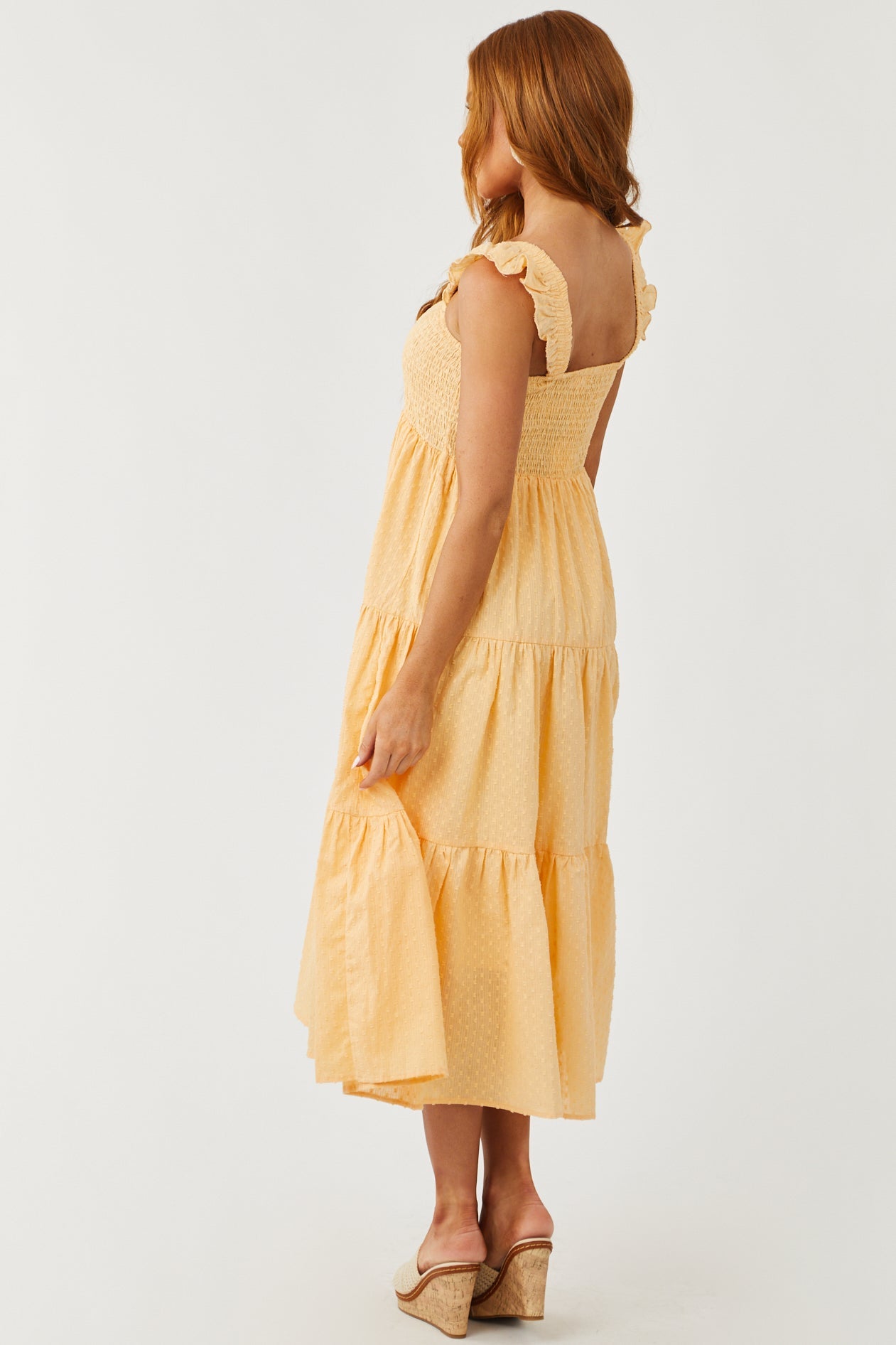 Melon Swiss Dot Ruffle Strap Smocked Dress