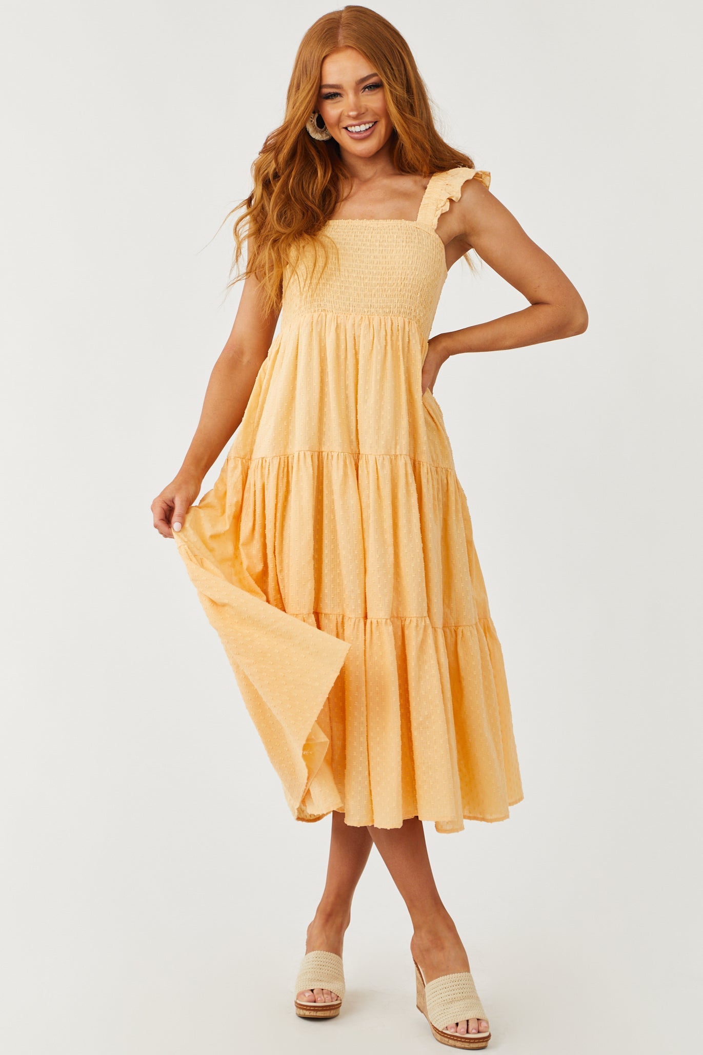 Melon Swiss Dot Ruffle Strap Smocked Dress