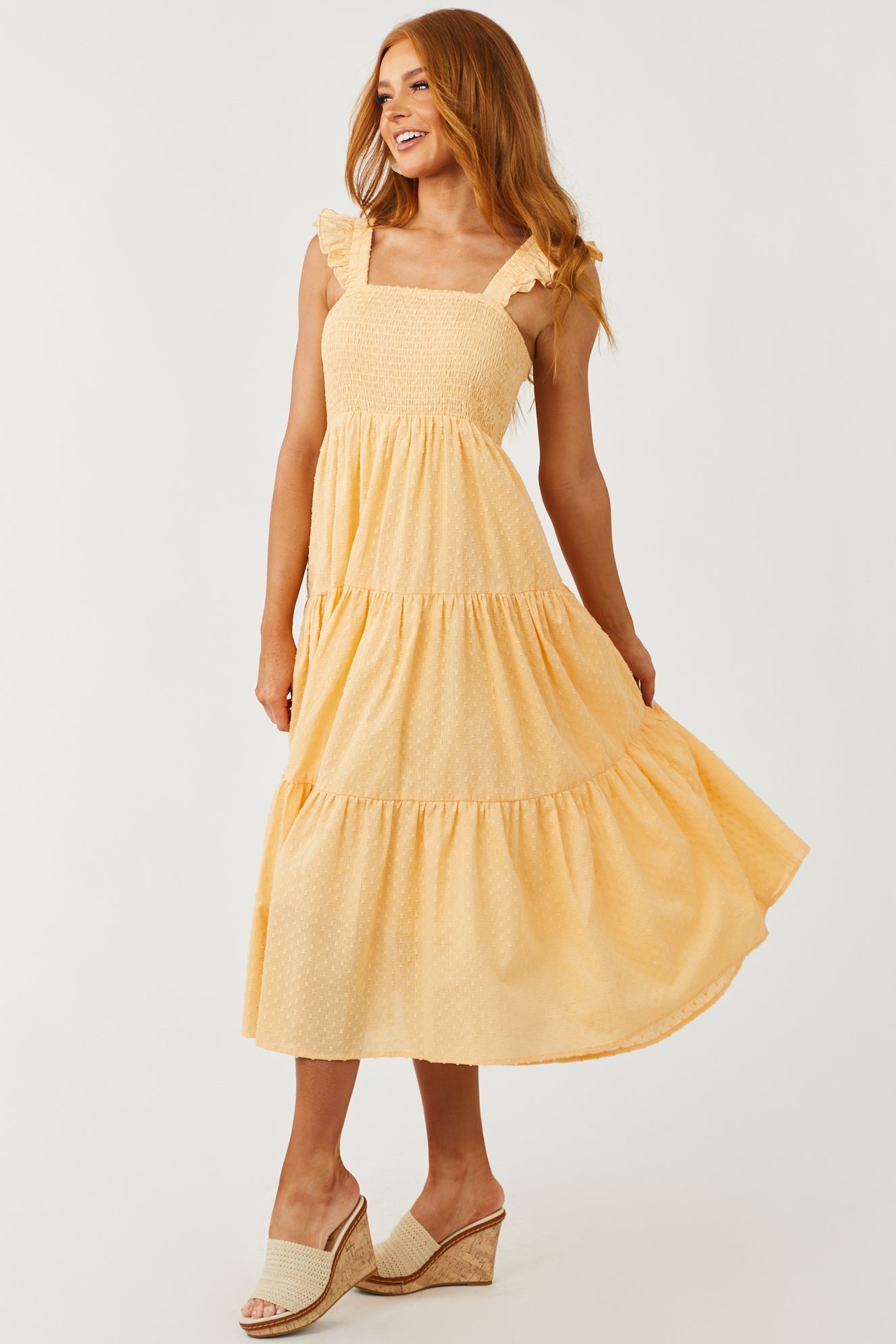 Melon Swiss Dot Ruffle Strap Smocked Dress