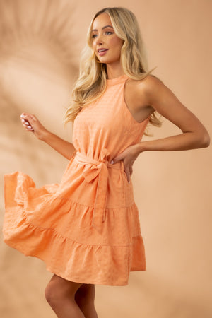 Melon Textured Halter Neck Waist Tie Short Dress