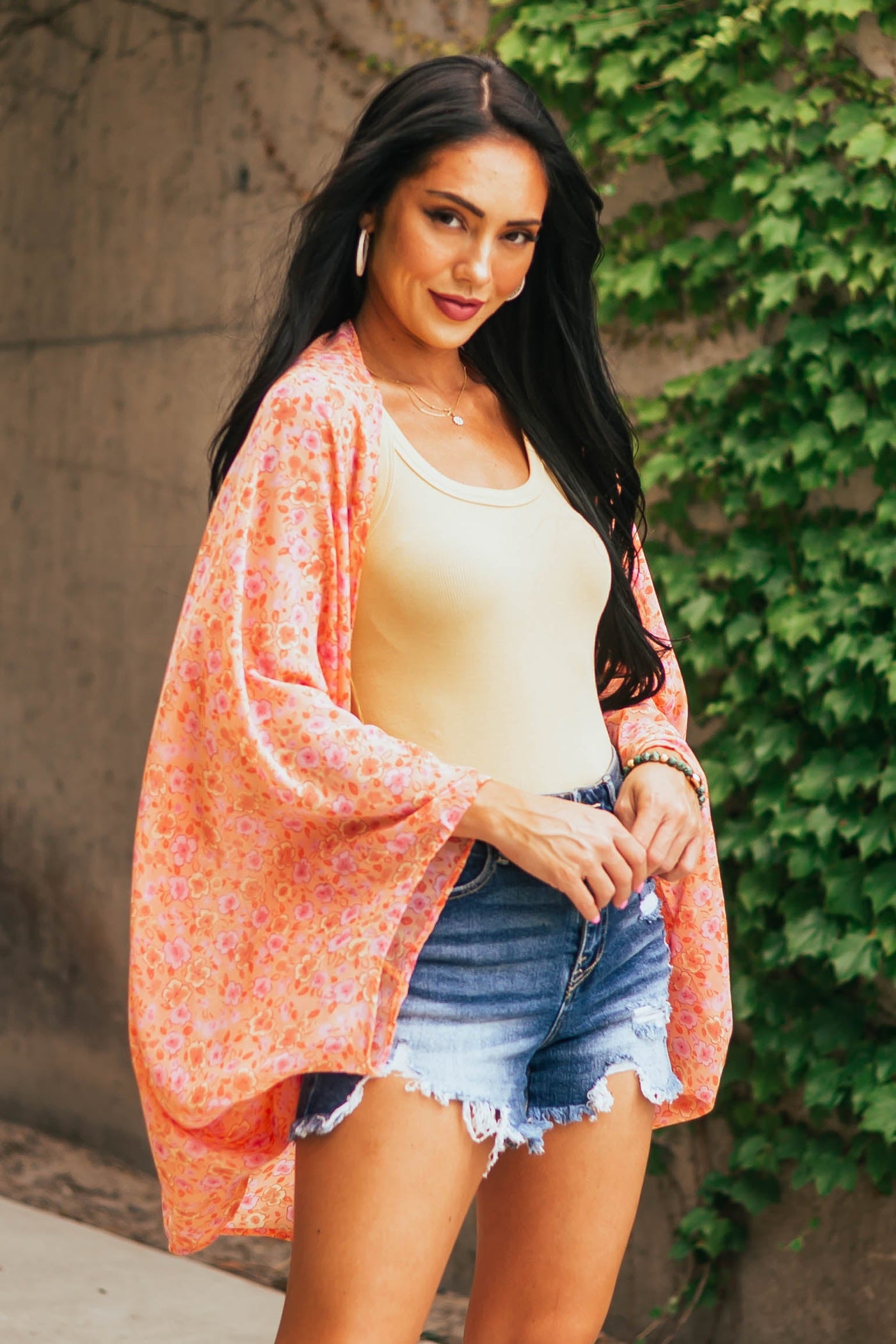 Melon Floral Print Lightweight Open Kimono