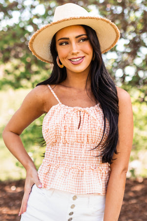 Melon Gingham Smocked Waist Front Tie Cami Top