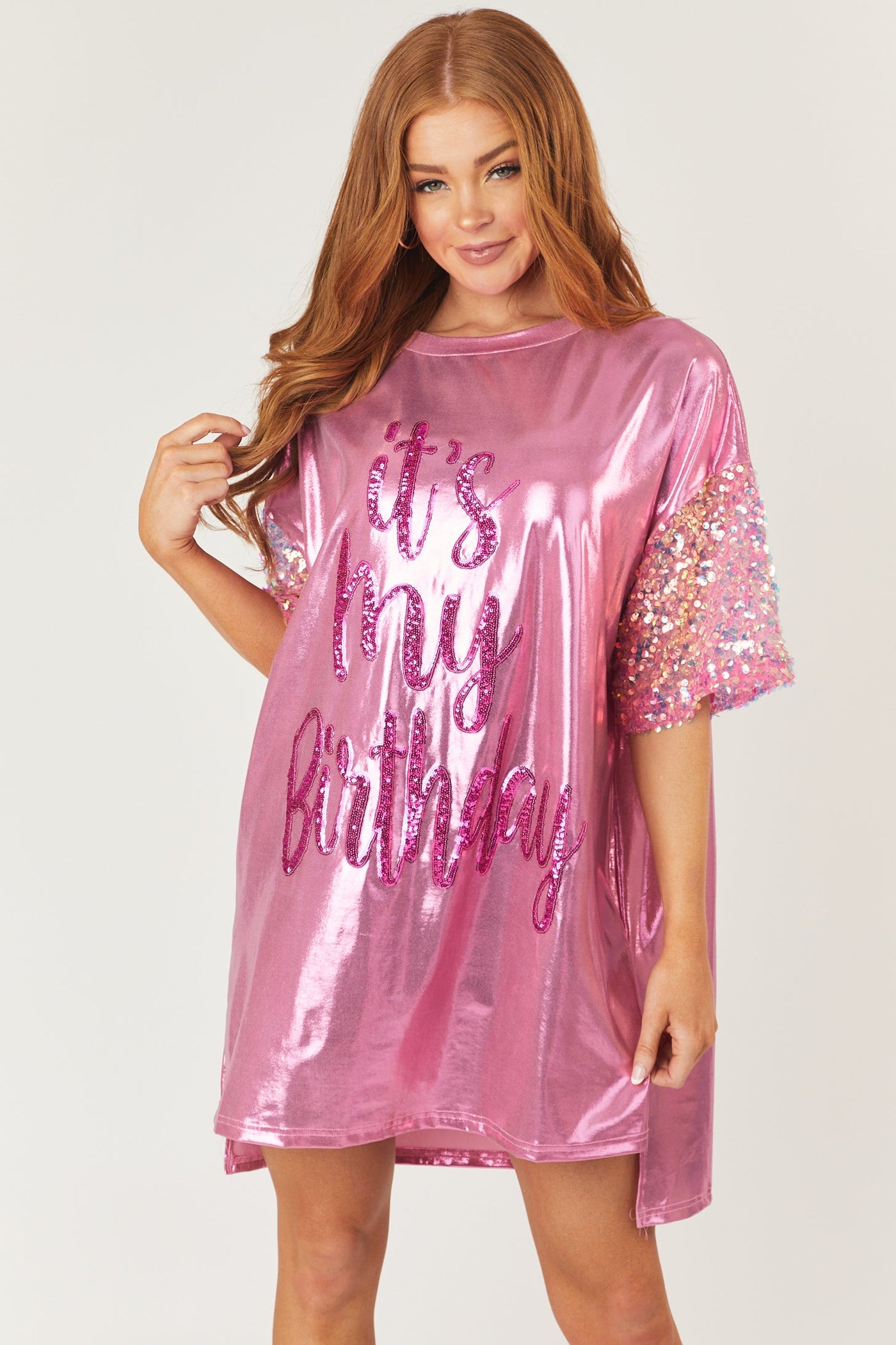 Metallic Pink 'It's My Birthday' Tee Shirt Dress