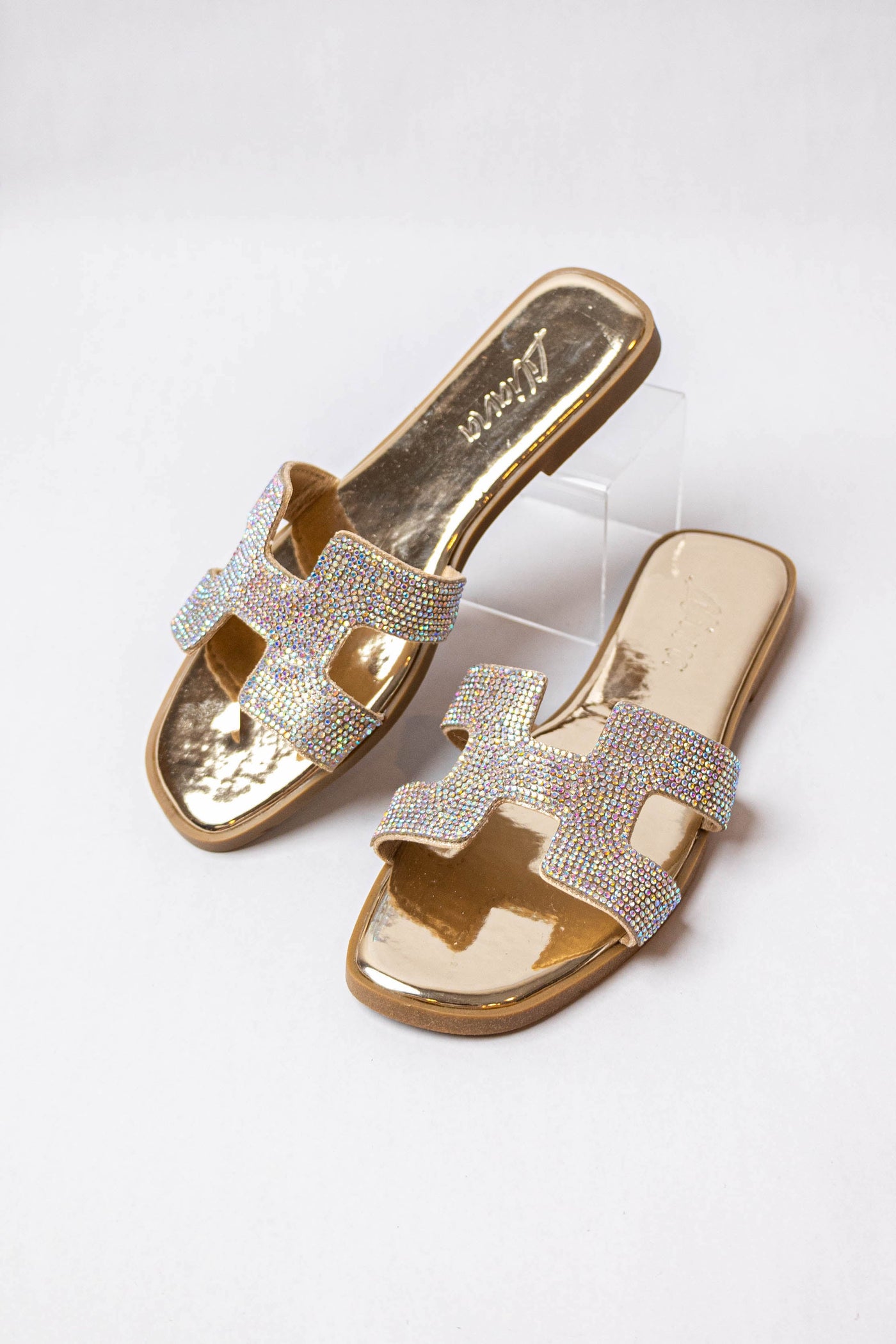 Metallic Gold Faux Leather Sandal with Rhinestone Strap