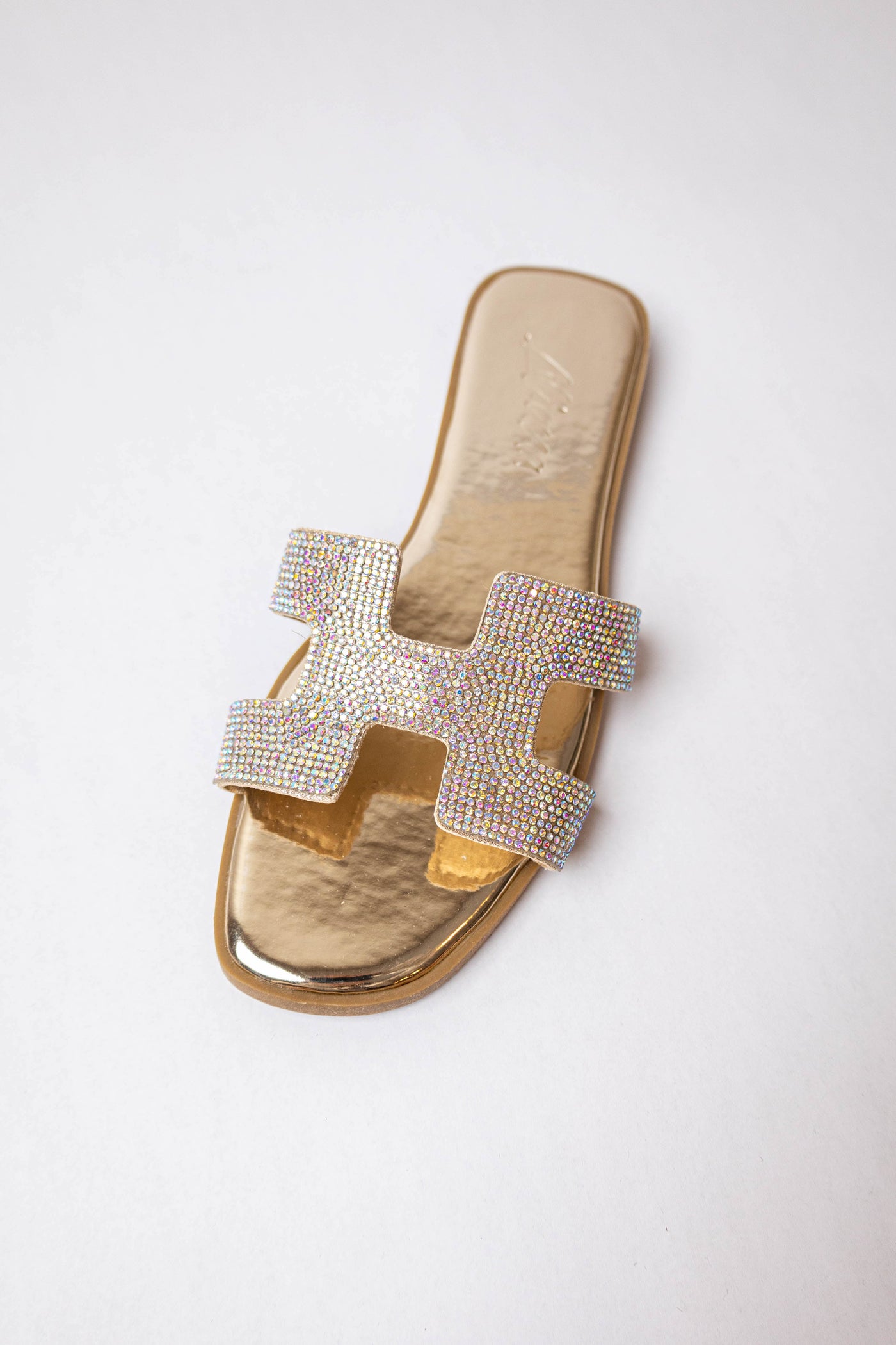 Metallic Gold Faux Leather Sandal with Rhinestone Strap