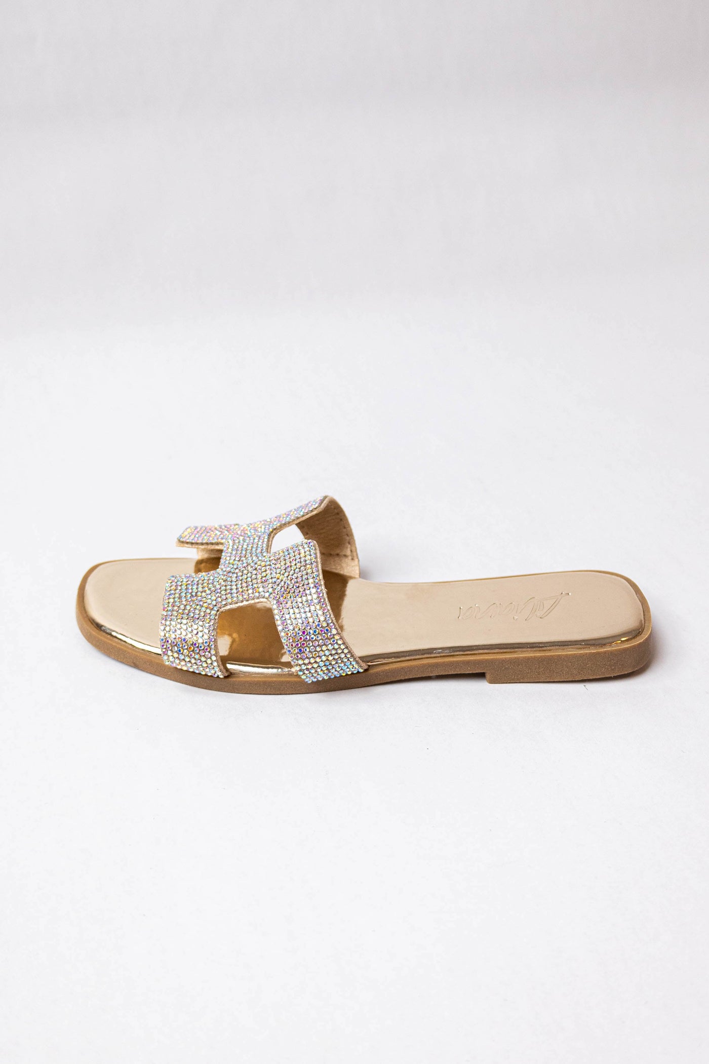 Metallic Gold Faux Leather Sandal with Rhinestone Strap
