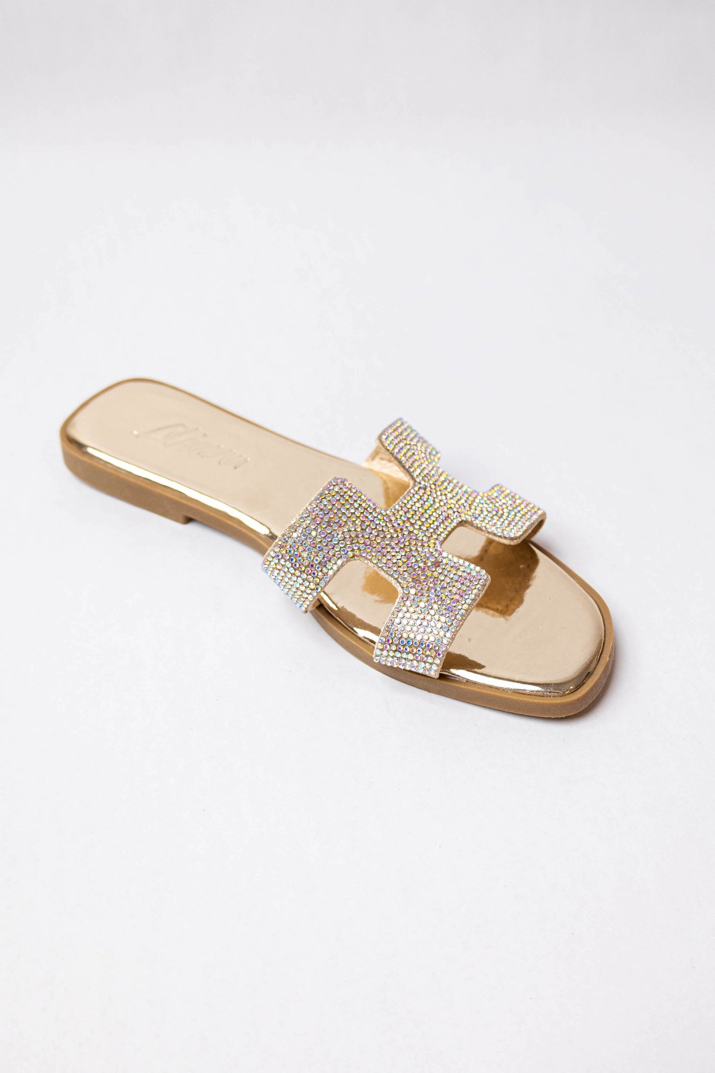 Metallic Gold Faux Leather Sandal with Rhinestone Strap
