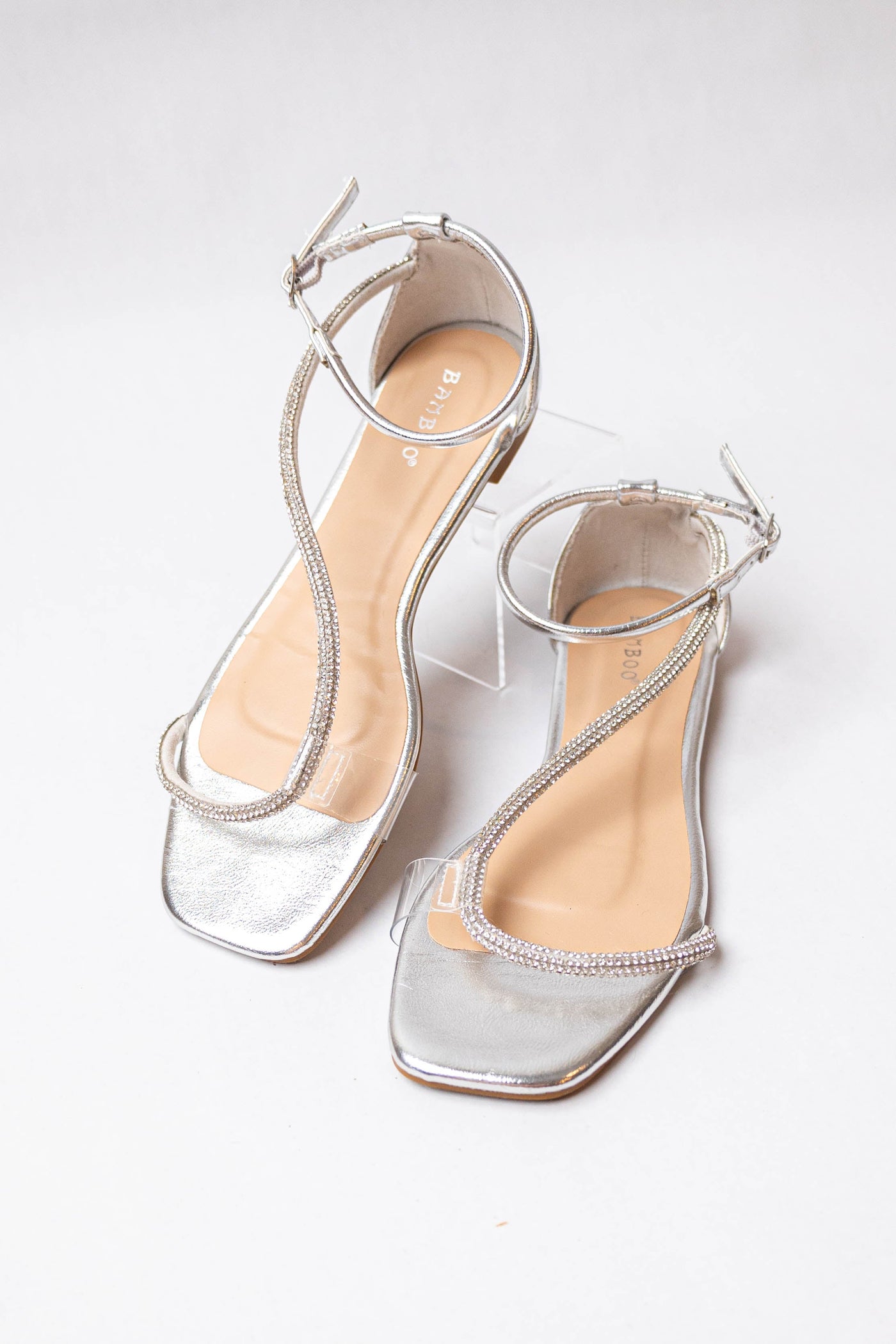 Metallic Silver Asymmetrical Rhinestone Sandal
