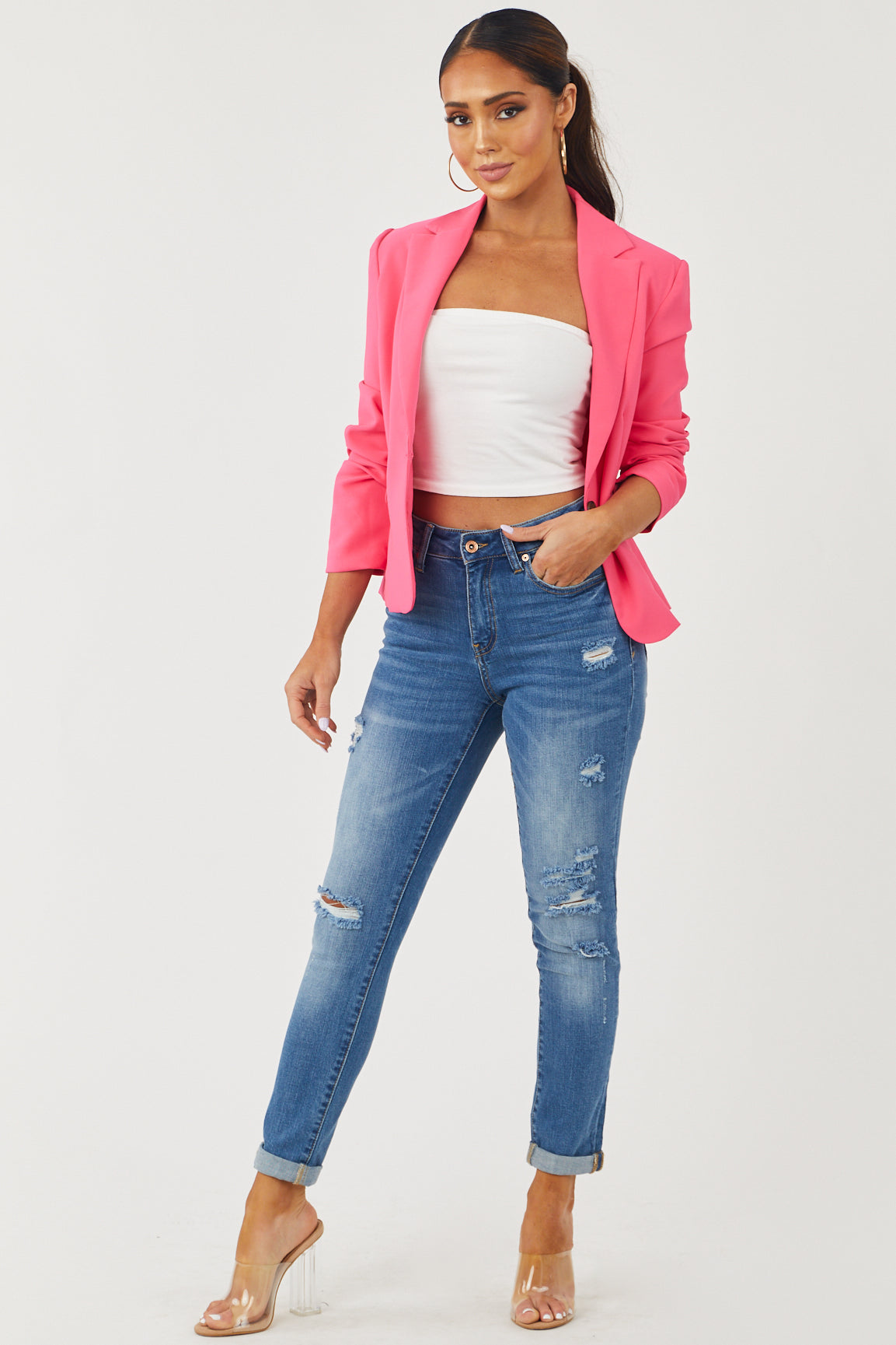 Mid Dark Wash Mid Rise Distressed Skinny Jeans