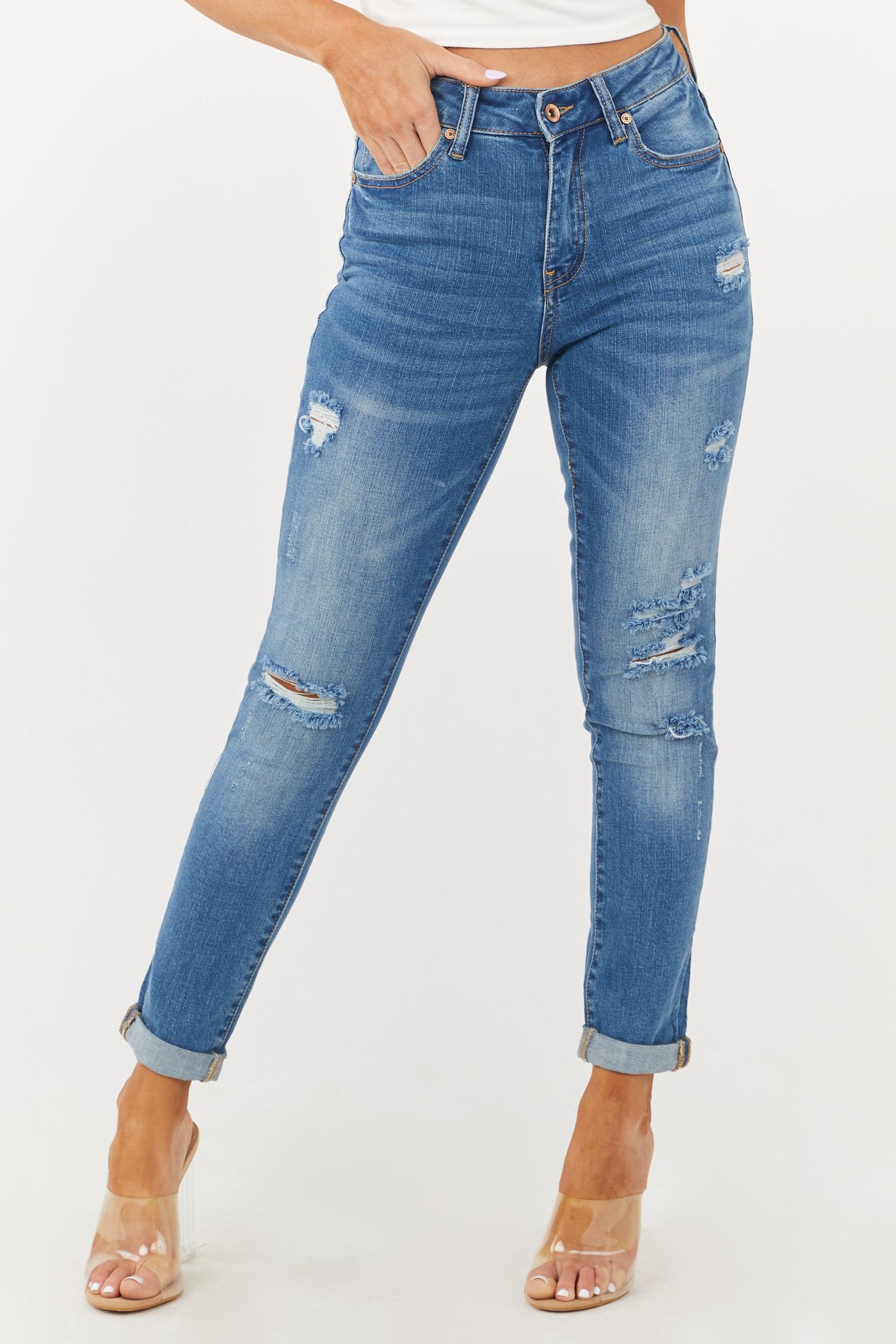 Mid Dark Wash Mid Rise Distressed Skinny Jeans