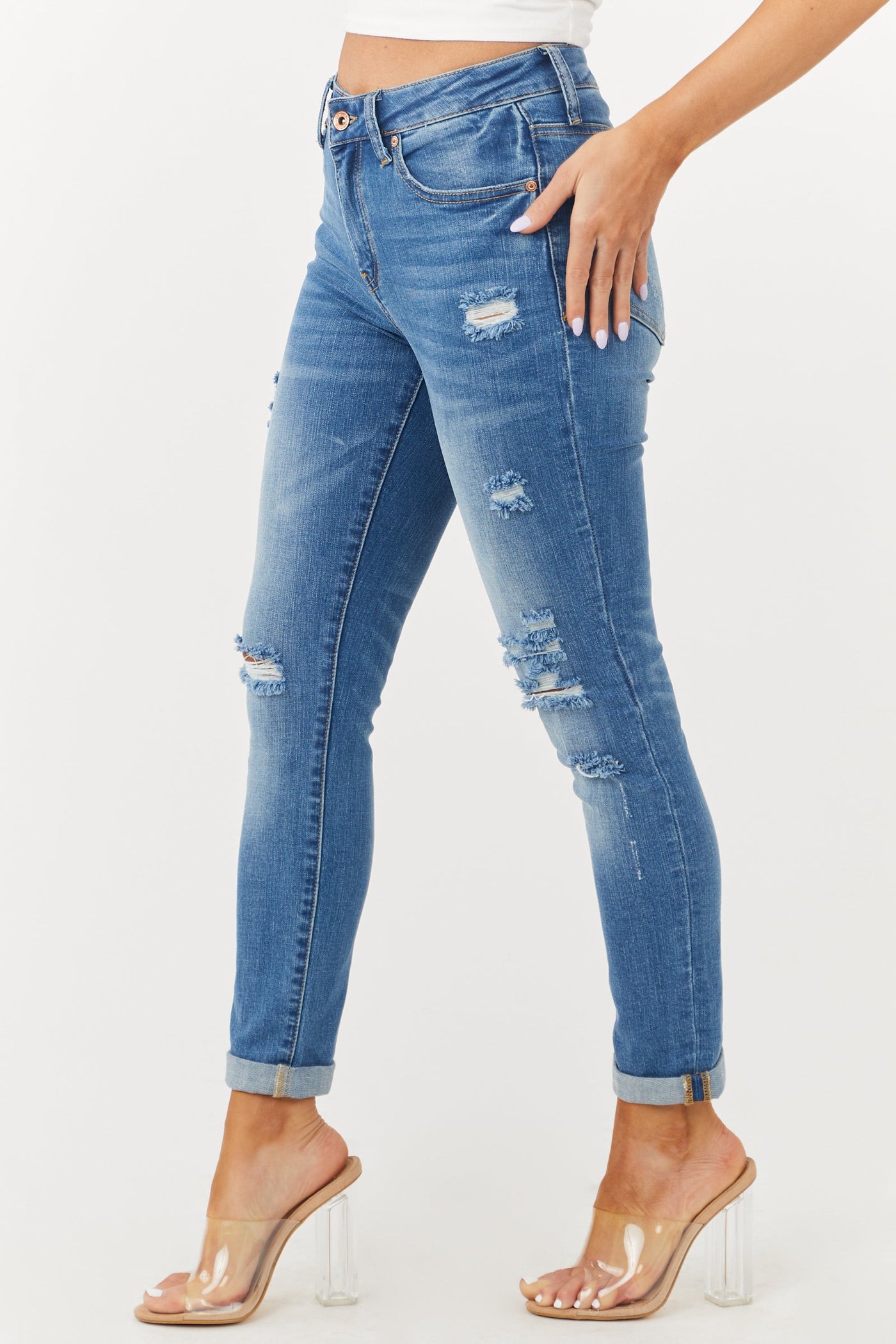 Mid Dark Wash Mid Rise Distressed Skinny Jeans