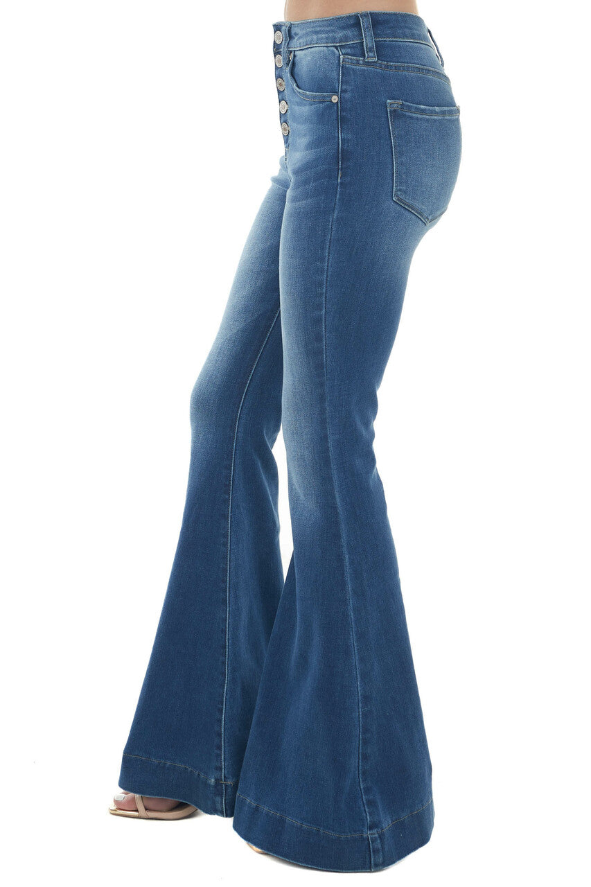 Mid Wash High Rise Button Up Fly Flare Jeans 
