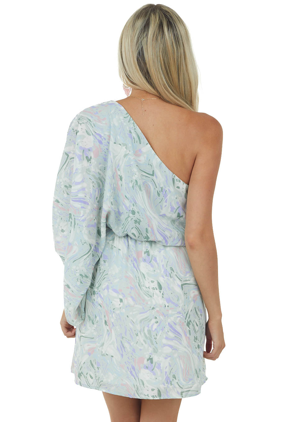 Mint Abstract Print One Shoulder Short Dress