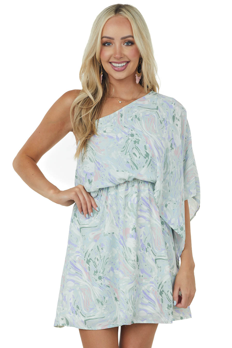 Mint Abstract Print One Shoulder Short Dress